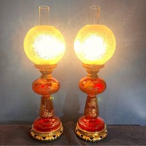 Antique Oil Lamps - Etched Red / Cranberry Glass - Electrified - Set of 2